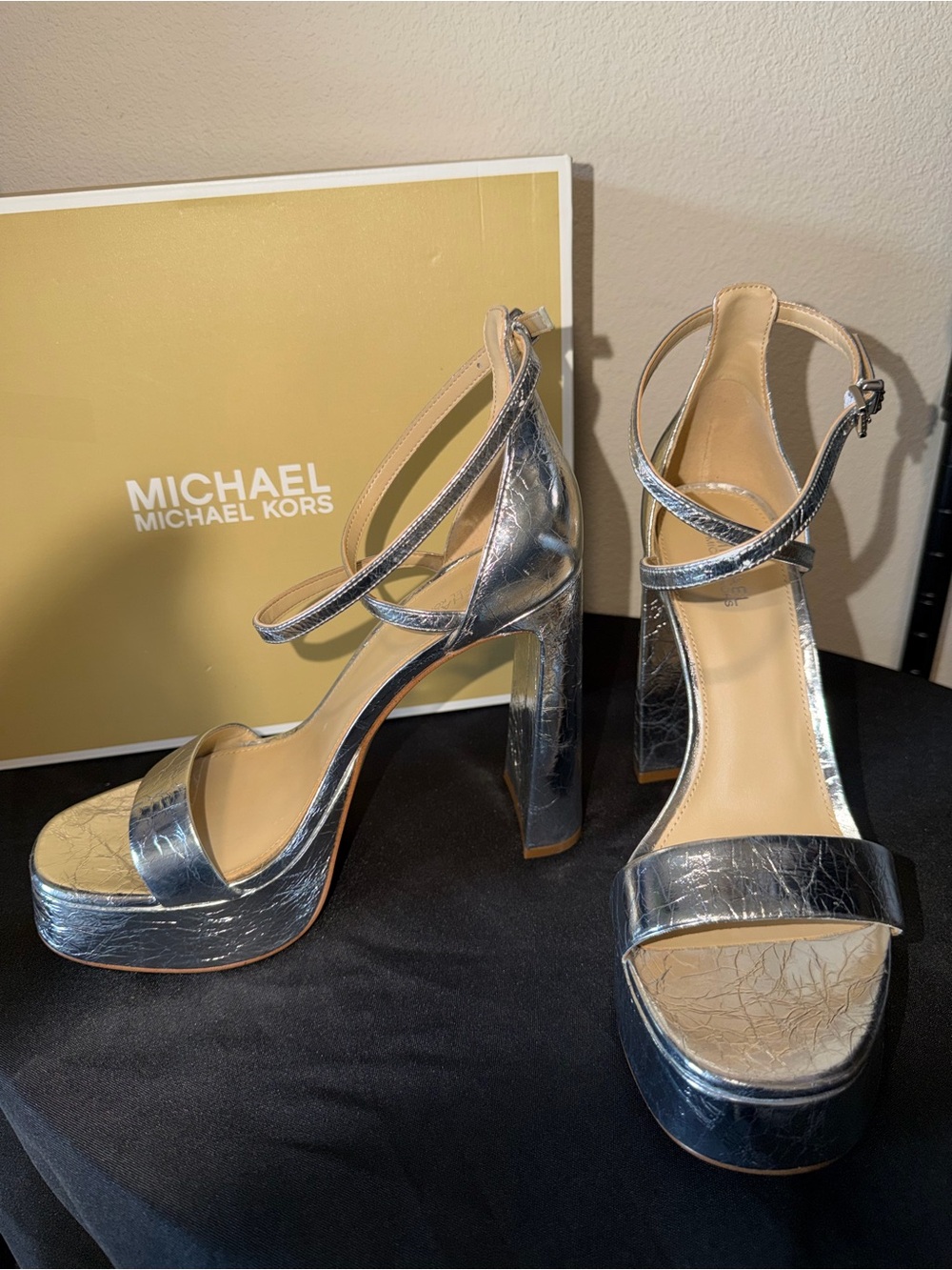Michael Kors “Cami” Crushed Leather Metallic Platform Heels